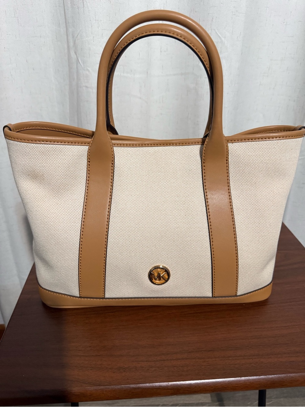 Michael Kors Cream Canvas Tote with Tan Leather Trim
